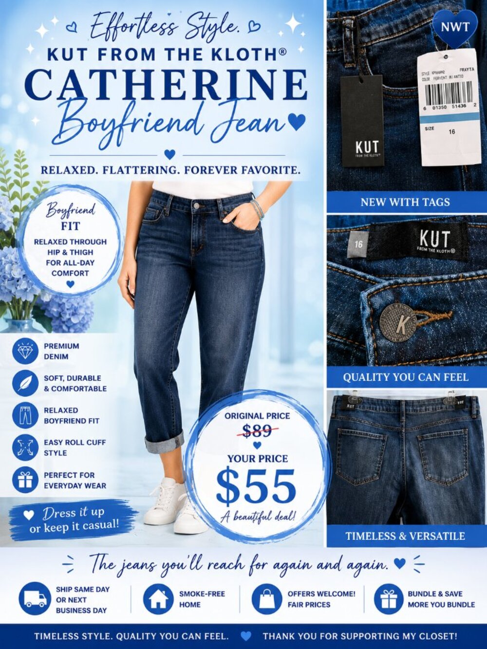 NWT KUT From The Kloth Catherine Boyfriend Jeans Size 16 Cuffed Denim Dark Wash